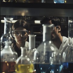 Two scientists in lab coats look intently at a row of beakers and flasks containing liquids.