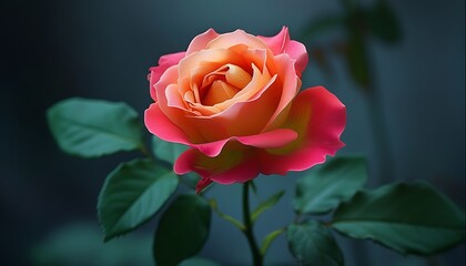 Canvas Print - In the dark background, a bright rose blooms, exuding an alluring fragrance, surrounded by green leaves, showing the beauty and vitality of nature.