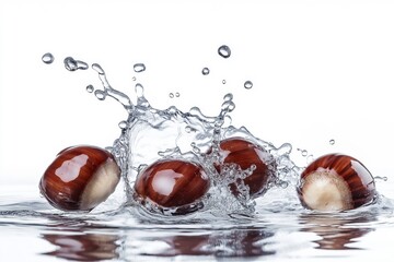 Fresh chestnuts splashing into water on white background