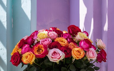 Multicolored Rose Bouquet Against a Soft Pastel Textured Wall for Valentine Day