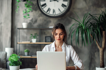 Wall Mural - a businesswoman in a modern office, multitasking with a laptop, smartphone, and a large wall clock b