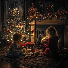 Canvas Print - Two young girls enjoying Christmas Eve by a fireplace, surrounded by twinkling lights and a decorated Christmas tree.