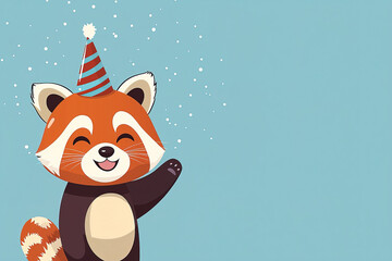 Birthday celebration postcard adorable happy red panda in party hat with copy space