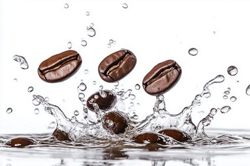 Roasted coffee beans splashing into water on white background