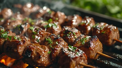 Sizzling lamb skewers, chargrilled kebabs, juicy meat chunks, caramelized edges, fresh green herbs sprinkled on top, metal grill background, close-up food photography.