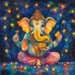 Poster - Watercolor painting of Ganesha, the Hindu god of beginnings, wisdom, and prosperity, with colorful lights around him.