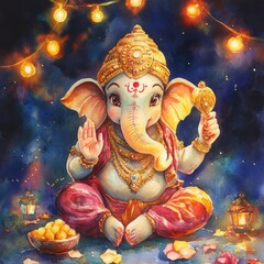 Canvas Print - Watercolor painting of Ganesha, the Hindu god of wisdom and prosperity, with a starry night background.