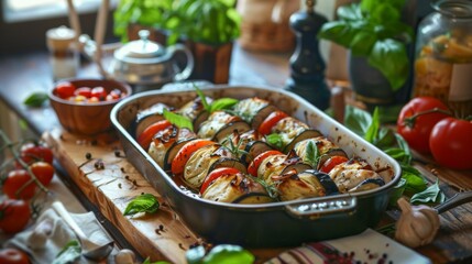 Delicious roasted vegetables in a rustic kitchen with fresh herbs and cherry tomatoes on the side