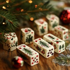 Wall Mural - White dice with Christmas decorations and pine branches.