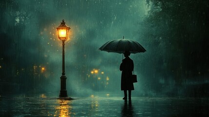 Wall Mural - A silhouette under an umbrella in a rainy, illuminated street.