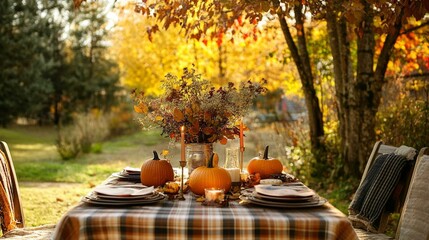 A table is set with plaid tablecloth, pumpkins, and candles. Two chairs are to the side of the table, one with a towel draped over the back
