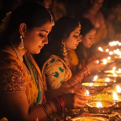 Canvas Print - Women light diyas during a traditional Indian celebration.