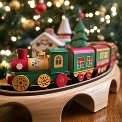 Canvas Print - Wooden toy train with Christmas village in the background.