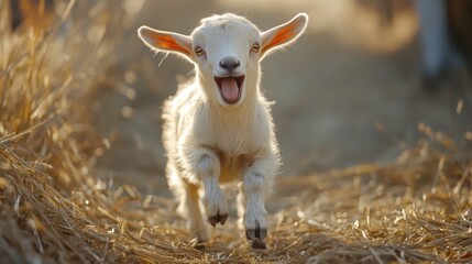 Wall Mural - Playful Baby Goat in a Hay Field