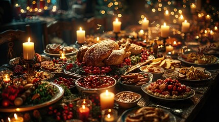 A festive Christmas dinner table set with delicious food, candles, and elegant decorations. Celebrate the season with a feast to remember