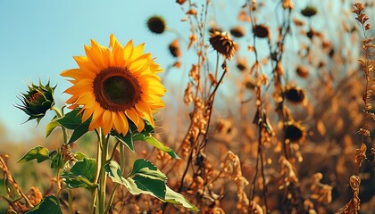 Canvas Print - A blooming sunflower shows its vibrant colors and beautiful outlines against a sunny background, surrounded by dry plants, reflecting the transformation of nature.