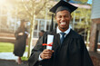 © peopleimages.com - Portrait, happy and man with certificate for graduation, knowledge or excited for new opportunity. Student, smile or celebration on campus for achievement, success or scholarship for higher education