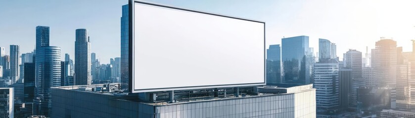 Photorealistic blank billboard on a city building, modern architecture in the background, midday sun, wideangle shot, clear focus, sharp details, natural shadow play