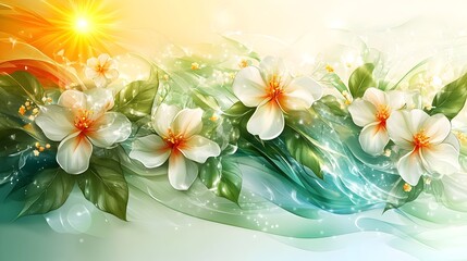 Wall Mural - Vibrant Floral Blooms Bathed in Warm Sunlight Against Lush Greenery Background