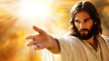 A figure of Jesus Christ reaching out with his hand, wearing white robes