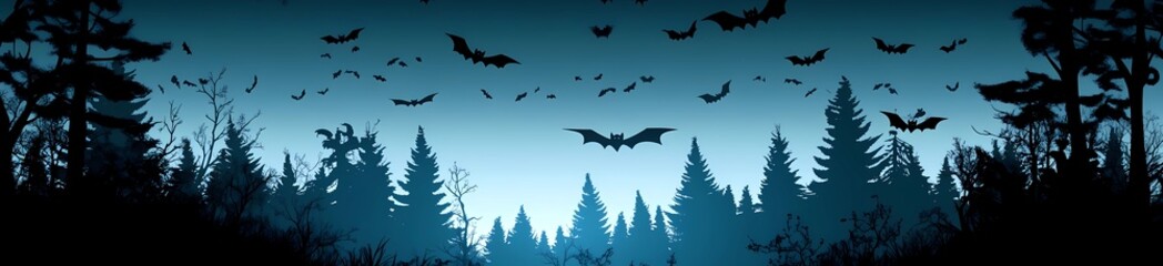 ark night with silhouettes of trees and bats in the sky, vector illustration, banner background for Halloween or other dark theme designs, detailed background vector illustration