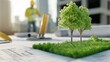 © CHOI POO - Sustainable Urban Development: Trees sprout from blueprints, symbolizing the future of environmentally conscious construction. A blurred figure of a construction worker in the background