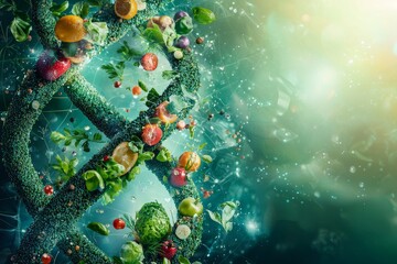 Poster - DNA helix strand of GMO food. Genetically modified crops, biotechnology, and agricultural engineering.