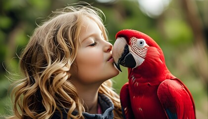 Canvas Print - Blonde Girl Embracing a Red Parrot in Nature Celebrating Child-Animal Bond and Adventures Outdoors