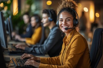 Canvas Print - In the central customer service hub, a dedicated female call center agent manages tasks on her computer.