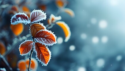 Frost-kissed leaves glistening with bokeh light, capturing the serene beauty of winter nature and the tranquility of icy landscapes