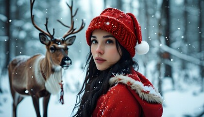 Wall Mural - Winter wonderland featuring woman in red hat with reindeer in a snowy forest, celebrating the essence of wildlife and Christmas spirit