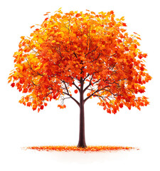 Vibrant autumn tree with orange leaves in serene landscape setting isolated on transparent background