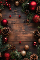 Wall Mural - Christmas fir tree branches with red and gold bauble, red berries, pine cones forming a border on a rustic wooden board. Christmas and New Year! Flat lay, top view. Copy space. Mock up.