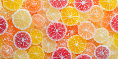 close-up of sugar-coated surface texture on fruit slice candy piece, food illustration