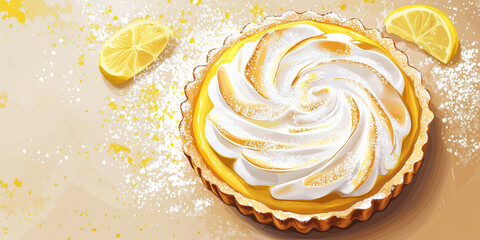 Wall Mural - Lemon tart with meringue topping and dusting of powdered sugar, food illustration