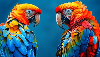 Vibrant macaws showcasing tropical wildlife against a serene blue backdrop