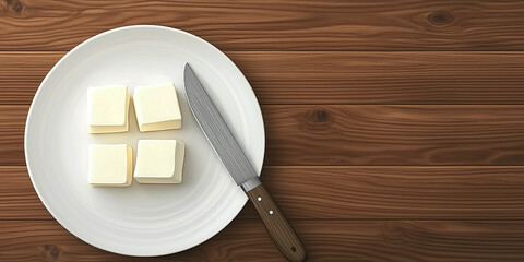 Wall Mural - Square pieces of confection on a white plate next to a kitchen knife, food illustration