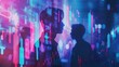 © Usman - A double exposure of silhouettes of business people and stock market charts with a blue, purple and pink color palette