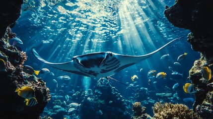 An Asian coral reef with pelagic manta rays (Manta birostris) over it, Maldives, Indian Ocean