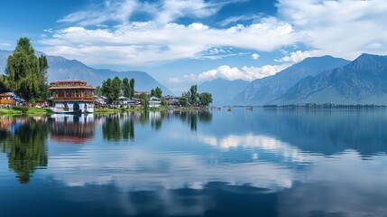 Serene Dal Lake in Kashmir's Srinagar city with stunning mountains as a backdrop.