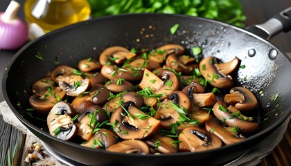 Sautéed mushrooms and onions with fresh herbs in a skillet for gourmet vegetarian cuisine and healthy eating