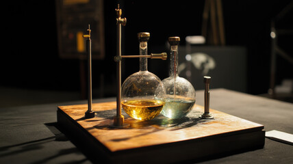 A complex alchemical setup showcasing Earths climate system with two flasks containing yellow and blue liquids. intricate design evokes curiosity and wonder about scientific exploration