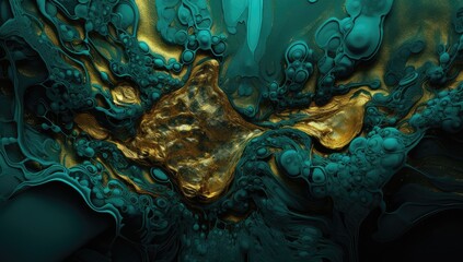 Turquoise-green and gold fluid dark green gorgeous abstract texture. 