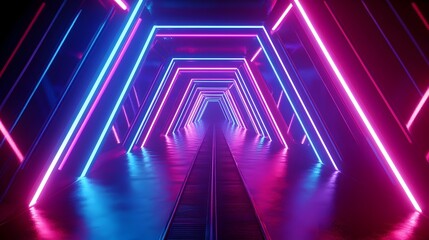 Wall Mural - Mesmerizing Glowing Neon Tunnel with Futuristic Geometric Patterns and Vibrant Lighting