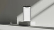 © Ekaterina - Mobile phone concept on a pedestal on a gray stone background. Concept mock-up template for advertising phone, new model, mobile applications with space for text