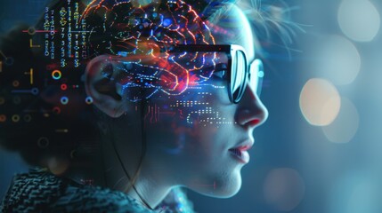 A profile shot of an AI Mate wearing glasses, her head adorned with digital brain imagery and binary code patterns