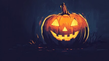 A spooky Halloween pumpkin with a carved face, glowing with warm light against a dark background.