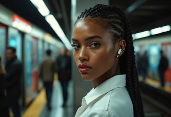 Wall Mural - Close-up portrait of a determined young woman in a bustling underground metro station