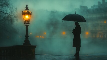 Wall Mural - A silhouette holding an umbrella near a glowing streetlamp in fog.