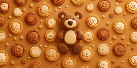 Bear-shaped confections of varying sizes arranged in concentric circles, food illustration